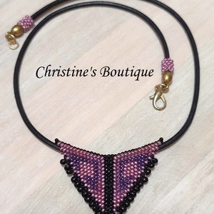 Handcrafted Necklace, Black Leather Cord Necklace, Modern Pendant, Miyuki Glass Beaded Pendant, Purple Pendant, Purple Necklace, Beaded