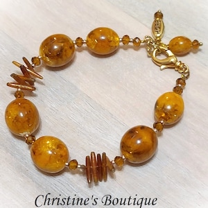Handcrafted Bracelet, butterscotch & dyed shell bracelet, Vintage Beads, Butterscotch Beads, Beaded Bracelet