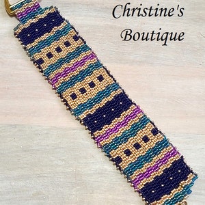 Geometric pattern peyote stitch bracelet, with toggle clasp, metallic gold with navy, teal and purple miyuki glass beads image 1