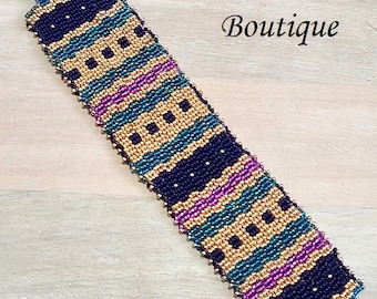 Geometric pattern peyote stitch bracelet, with toggle clasp, metallic gold with navy, teal and purple miyuki glass beads