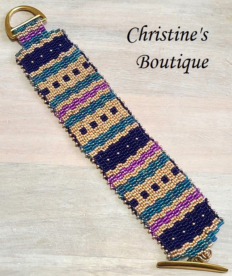 Geometric pattern peyote stitch bracelet, with toggle clasp, metallic gold with navy, teal and purple miyuki glass beads image 1