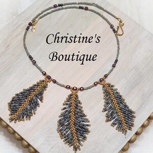 Feather Seed Bead Pendant Necklace with Crystals 17" Feather Glass Beaded Necklace Multi Color Blue Denim Beads Miyuki glass beads