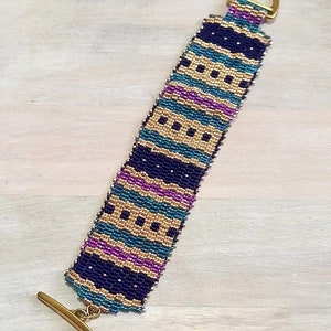 Geometric pattern peyote stitch bracelet, with toggle clasp, metallic gold with navy, teal and purple miyuki glass beads image 5