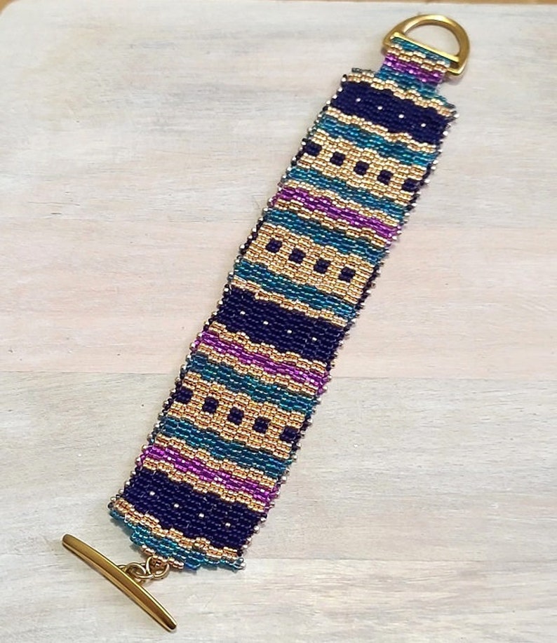 Geometric pattern peyote stitch bracelet, with toggle clasp, metallic gold with navy, teal and purple miyuki glass beads image 5