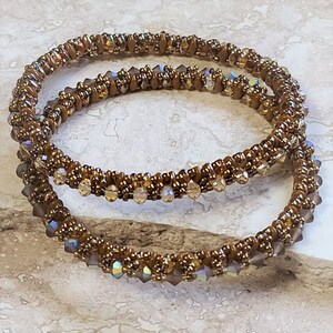 Handcrafted Bracelets, Set of 2 Bangle Bracelets, Bronze Austrian Crystal Bracelets, Crystal Bracelets, Miyuki Glass Delica, Peyote Stitch