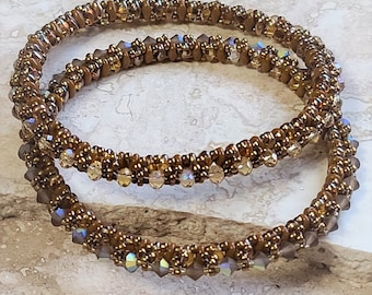 Handcrafted Bracelets, Set of 2 Bangle Bracelets, Bronze Austrian Crystal Bracelets, Crystal Bracelets, Miyuki Glass Delica, Peyote Stitch