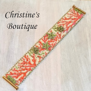 Handmade Finished Bracelet Coral and Kelp with Starfish and 3D Kelp Peyote Stich Bracelet Designed by Christine&#39;s Boutique 7&quot;