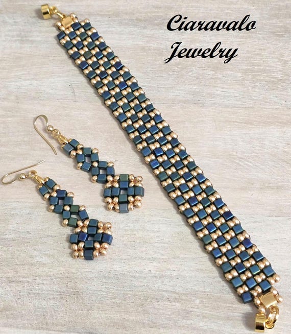 Handmade beaded bracelet, miyuki glass square bracelet and earrings set,  blue and gold, jewelry set, gift