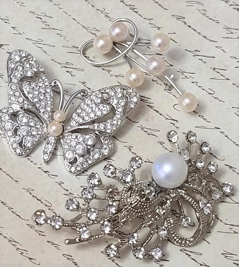 Rhinestone Spray and Silver and Pearl Twist Brooches Vintage Lot Brooches 3 Monet Silver White Rhinestone Butterfly Beautiful Condition