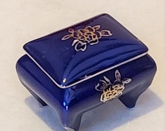 Vintage Cobalt Blue Porcelian with Gold Design mini Trinket box footed  Jewelry ,Ring Box or Dollhouse footed Chest Limoge Dresser or Vanity