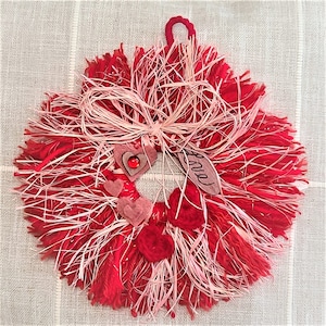 Handmade Red and Pink Yarn Wreath Ornament  Valentines Day Wreath Heart Wreath Mini Wreath 7&quot;