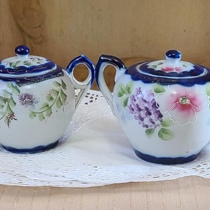 Vintage Nippon Tea Set, Sugar and Creamer, Handpainted Asian Floral, Made in Japan, Nippon Sugar Bowl, Use as a One Cup Tea Pot & Sugar Bowl