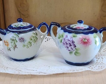 Vintage Nippon Tea Set, Sugar and Creamer, Handpainted Asian Floral, Made in Japan, Nippon Sugar Bowl, Use as a One Cup Tea Pot & Sugar Bowl