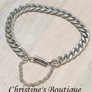 Vintage Silvertone Diamond cut Silver Chain Link Bracelet Safety chain  Signed Germany Lightweight chain links