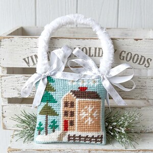 Handmade Needlepoint Christmas Ornament, Winter Barn Scene, Stuffed