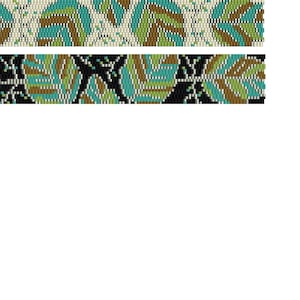 May include: Two beaded bands with a leaf pattern. The top band has a cream background with teal, green, and brown leaves. The bottom band has a black background with the same leaf pattern.