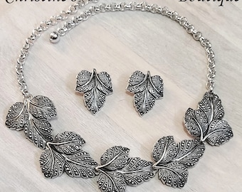 Vintage Leaf Motif Silver and Marcasite Inspired Necklace and Clip on Earrings Set Necklace leaves leaf motif