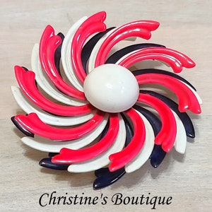 Vintage 1950&#39;s Metal Flower Red, White and Blue Pin wheel Brooch Metal Flower Pin July 4th Jewelry Patriotic Jewelry 3D Pinwheel