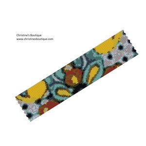 May include: A beaded bracelet with a colorful floral pattern. The design features yellow, teal, and brown elements on a white background. The text "Christine's Boutique" and website address are visible.