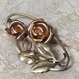 Vintage Brooch Pin Rose Flowers and Leaves Mutli Colored Metal Rose Gold Silver and Gold Metal Brooch