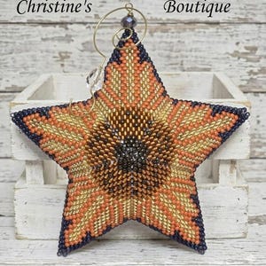 Handmade Peyote Stitch Sunflower Star Ornament: Mikuki Glass Beaded Window Catcher