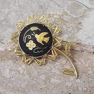 Vintage Damascene Bird and Flower Pin Brooch Spain