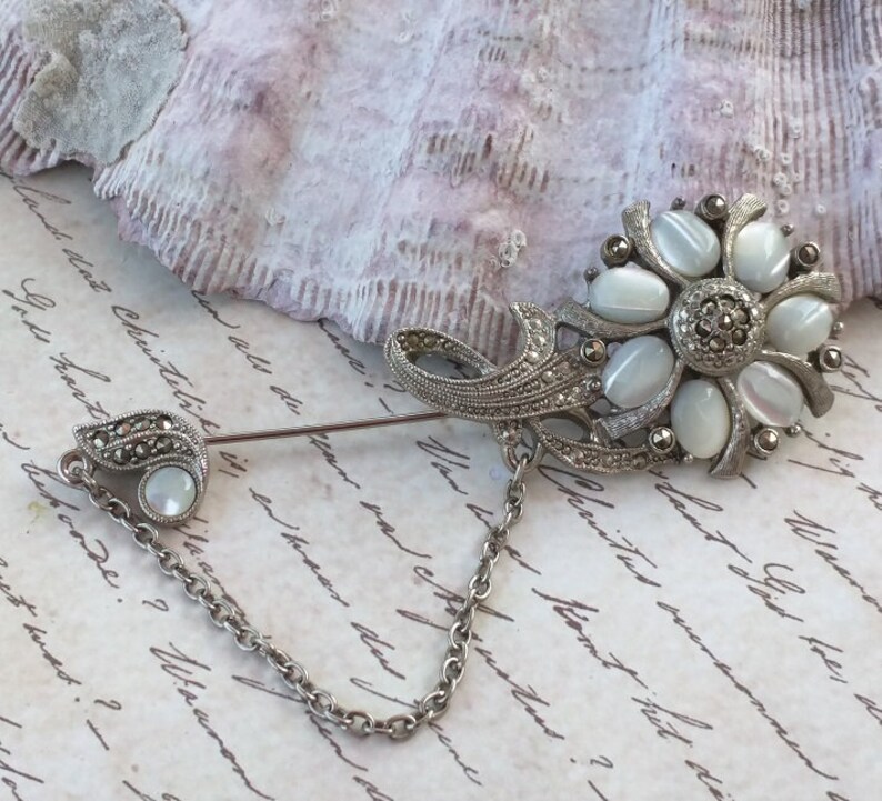 Vintage Marcasite and Monnglow Flower Stick Pin Brooch Gorgeous Flower with Moonglow Stones Silver Alloy and Marcasite Art Deco Style Pin