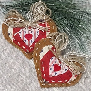 Handmade Gingerbread Heart Ornaments Patrioitic Hearts Ornaments Americana Country Set of 2 Primative Decor Heart Love Flag
