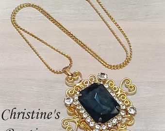 Vintage Rhinestone Pendant Necklace, Sapphire Center, Gold Tone Chain