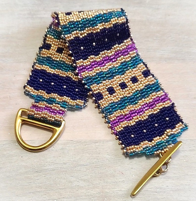 Geometric pattern peyote stitch bracelet, with toggle clasp, metallic gold with navy, teal and purple miyuki glass beads image 6