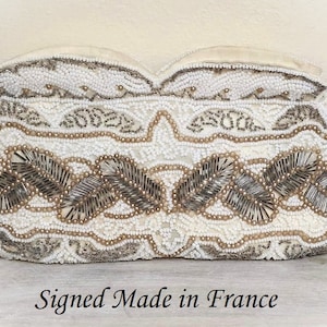 Antiguo pequeño bolso francés con cuentas bolso cinturón bolso para cinturón accesorio pequeña cuenta corneta patrón de plumas firmado falon hecho en Francia