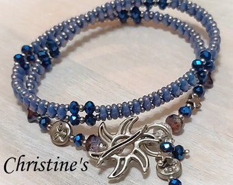 Handcrafted Artisan Bracelet, Super Duo Wrap Bracelet, Moon and Stars Bracelet, Glass Miyuki Bead Bracelet, Moon Clasp, Star Charms Blue