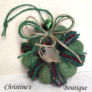 Handcrafted Ornament, Wool Felt Ornament, Wool Felt Wreath, Country Wreath Ornaments Wool Ornament, Red and Green Ornaments, Rustic decor