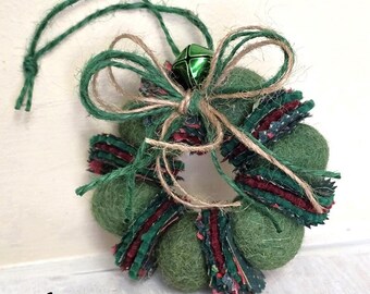 Handcrafted Ornament, Wool Felt Ornament, Wool Felt Wreath, Country Wreath Ornaments Wool Ornament, Red and Green Ornaments, Rustic decor