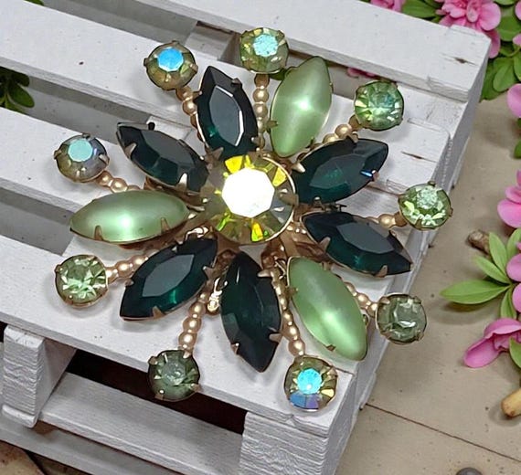 Dark Green Rhinestone & Moonglow Pin