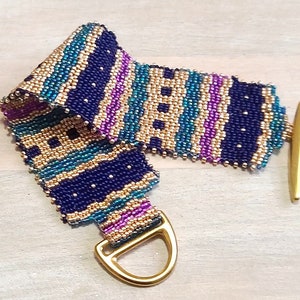 Geometric pattern peyote stitch bracelet, with toggle clasp, metallic gold with navy, teal and purple miyuki glass beads image 3