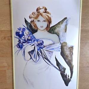 Vintage Mirror art deco nouveau style mid century mirror, reverse paint mirror,r fairy wing women, framed mirror