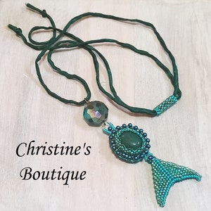 Handcrafted Necklace, Green Adventurine Pendant, Silk Cord Necklace, Miyuki Glass Pendant, Mermaid Necklace, Green Mermaid Necklace