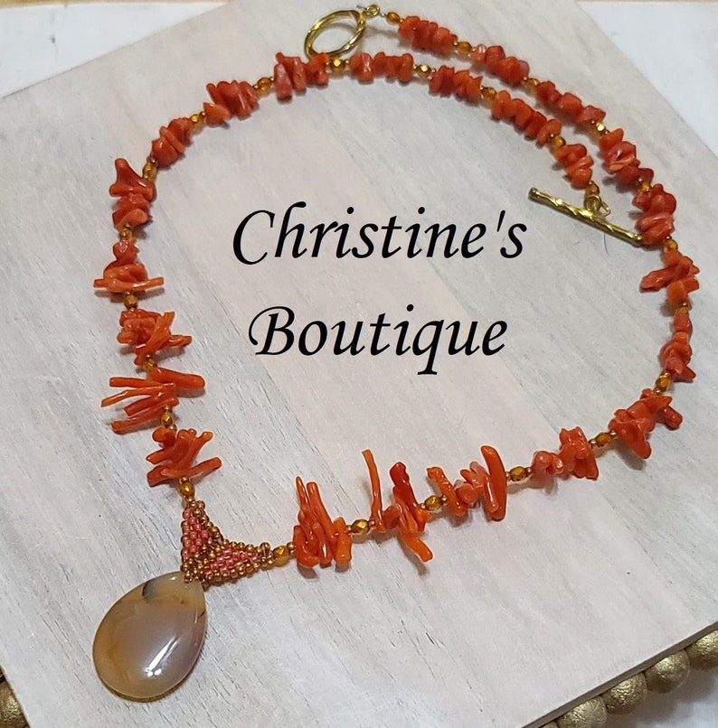 Handcrafted Necklace, Lariate Style Necklace, Coral Neckace, Spiny Coral, Coral Lariat, Lariat Style, Spiky Coral Necklace, Stone Pendant image 1