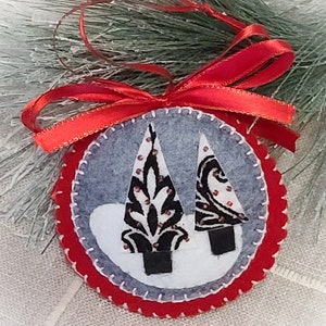 Felt and Beaded Ornament, Christmas Trees, Evergreen Tree, Round Stuffed Ornaments, Felt, Ribbon and Beads, Scenic Black and White Trees