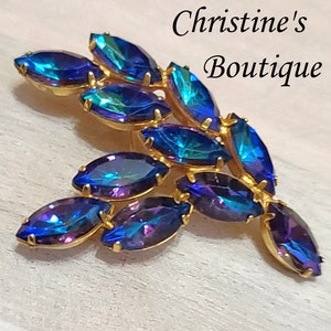 Vintage Strass Blad Spray Broche, Strass Pin, Aura Borealis Paars Blauwe Tinten Pin, Vintage Broch, Strass Broche, Strass Pin