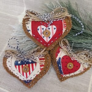 Handmade Gingerbread Felt Patriotic Flag Hearts Ornaments Red White & Blue Heart Ornaments Set of 3 Country Decor Americana Folk Primative