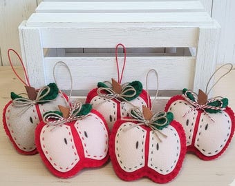 Handmade Felt Apple Ornament with Crochet Leaf, Country Decor
