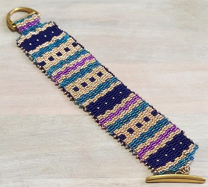 Geometric pattern peyote stitch bracelet, with toggle clasp, metallic gold with navy, teal and purple miyuki glass beads image 2
