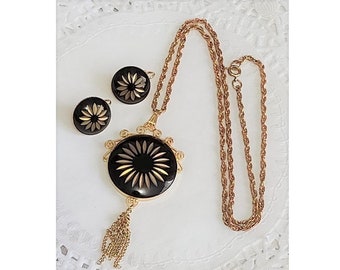 Vintage Damascene Style Tassel Pendant Necklace & Clip Earrings Set