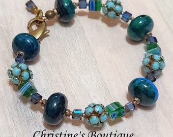 Handcrafted Chrysocolla Gemstone Bracelet with Blue Green Crystals