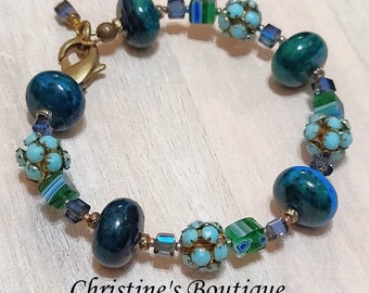 Handcrafted Bracelet, Artisan Bracelet, Chrysocolla Gemstone and Blue Green Crystals, Chrysocolla Bracelet, Gemstone Bracelet