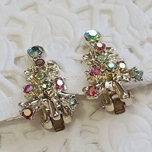 Vintage Aurora Borealis Strass kerstboom Clip oorbellen, vakantie clip oorbellen, kerstboom oorbellen, strass clip ons