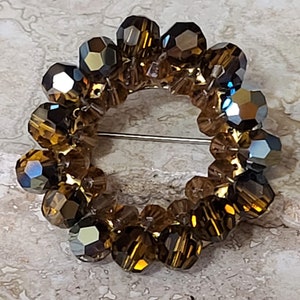 Vintage Brown Topaz Crystal Pin, Topaz Crystal Brooch, Circle Brooch, Vintage Circle Brooch, Crystal Circle Brooch, Crystal Bead Brooch