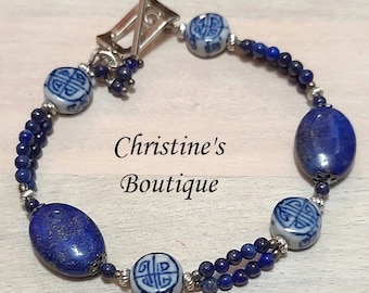 Handcrafted Bracelet, Blue Lapis Bracelet, Lapis Gemstone Bracelet, Square Toggle Clasp Bracelet, Lapis Jewelry, Asian Ceramic Beads